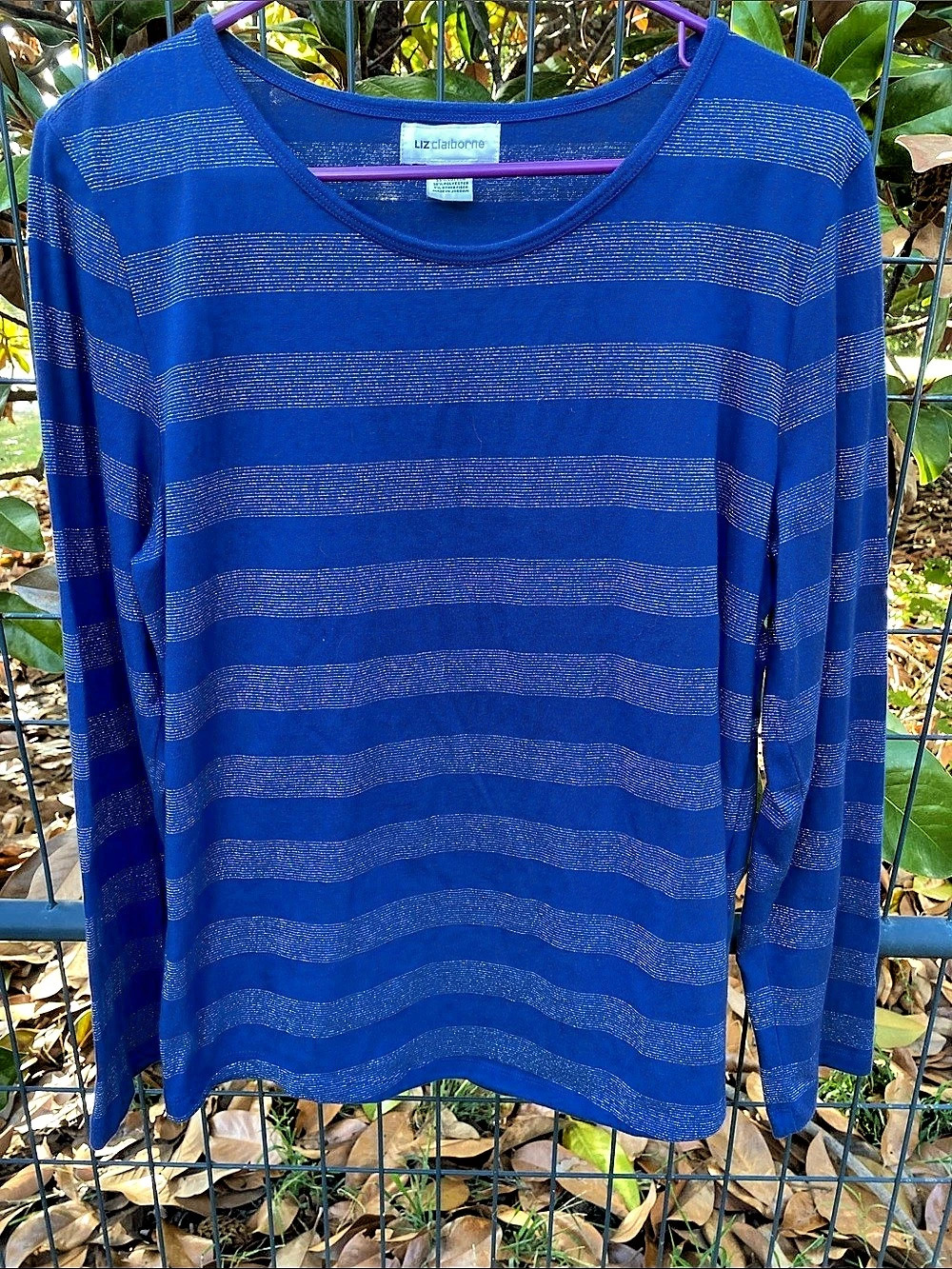 Vintage Liz Claiborne Blue Silver Striped Long Sleeve Shirt Women’s Size L 90s